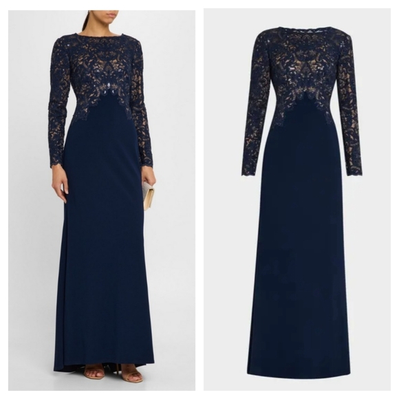 Tadashi Shoji A-Line Crepe & Sequin Lace Gown Navy Size 8 - Picture 1 of 7